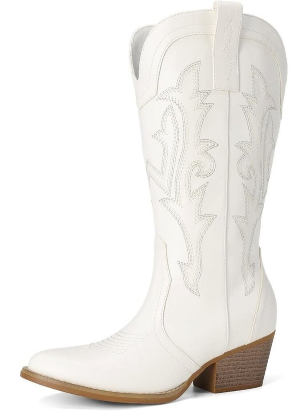 DREAM PAIRS Women's White Cowgirl Mid Calf Boots Pointed Toe Western Chunky Heel